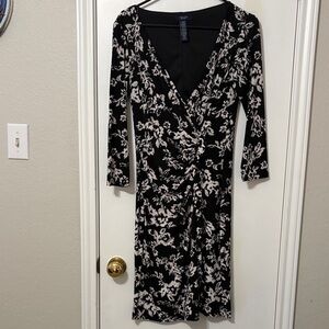 Chaps Black and Cream Floral Long Sleeve Dress size M